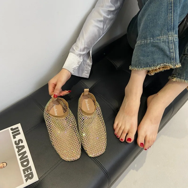 2026 Summer Fashion Mesh Rhinestone Designer Sandals Comfortable Beach Women's Fishnet Shoes Sexy Slip-on Women's Flat Sandals