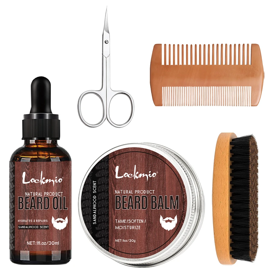 5 unids/set Kit de crecimiento de barba Perfume de sándalo bálsamo de barba aceite hidratante estilo cuidado acondicionador para hombres