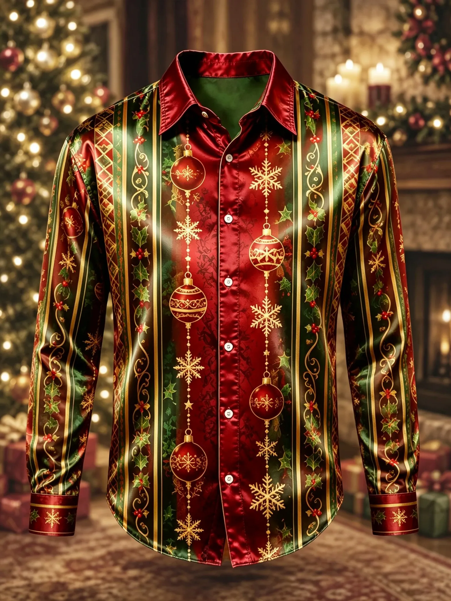 Men's Satin Long Sleeve Shirt Christmas Bauble Snowflake Print Holiday Party Dress Shirt