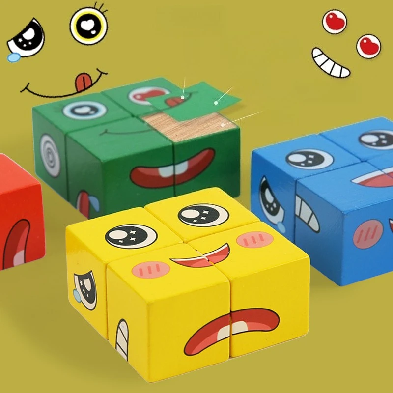 Cubo rosto mudando quebra-cabeça de madeira bloco de construção jogo de tabuleiro montessori expressão bloco de madeira blocos para crianças