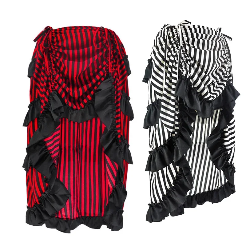 Multicolor Lady Gothic Steampunk Pinstripe Skirt Rock Gypsy Vintage Costume Front Lace-Up Layer Clubwear Outfit