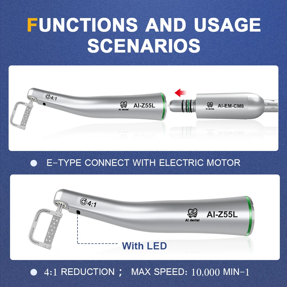 AI-Z55L Dental Orthodontic Contra Angle Handpiece 4:1 Optical Fiber Reciprocating IPR System Stripping Slow Speed NO Saw Blade