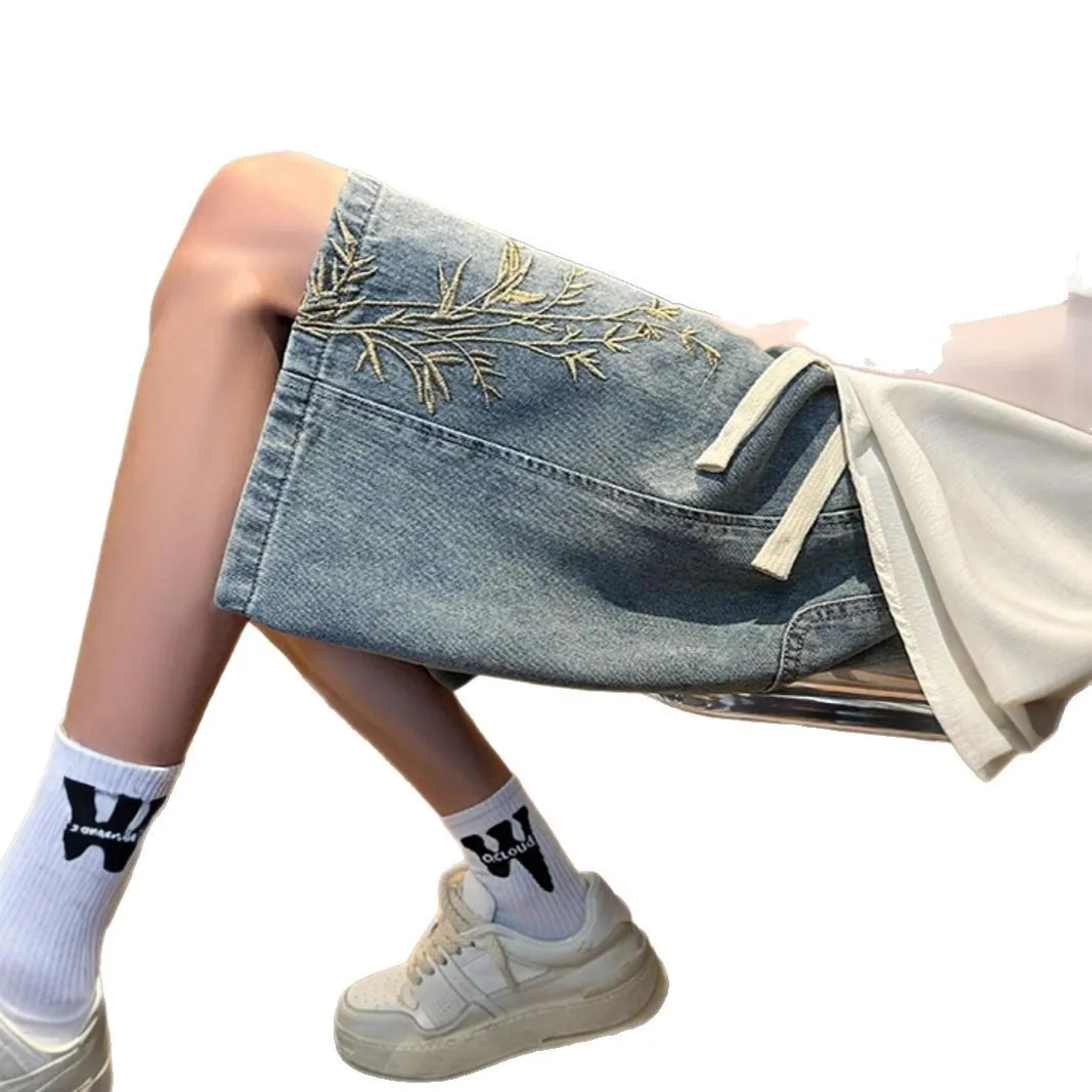 新しい中国風の刺繍デニムショートパンツメンズ夏薄いトレンディなブランド国民風ストレート5点パンツ