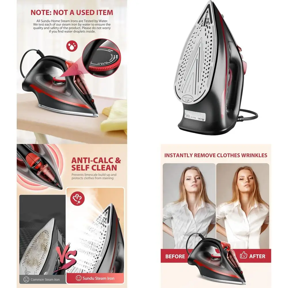 

Легкий паровой утюг мощностью 1500 Вт с автоматическим отключением, антипригарной керамической пластиной, функцией самоочистки и резервуаром на 15,21 унции.