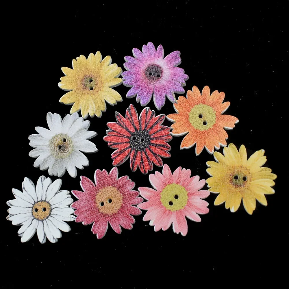 50PCS 25MM Sunflower Random Mixed Flower Painted Wooden Buttons Decorative Buttons for Sewing Scrapbooking Crafts DIY Craft