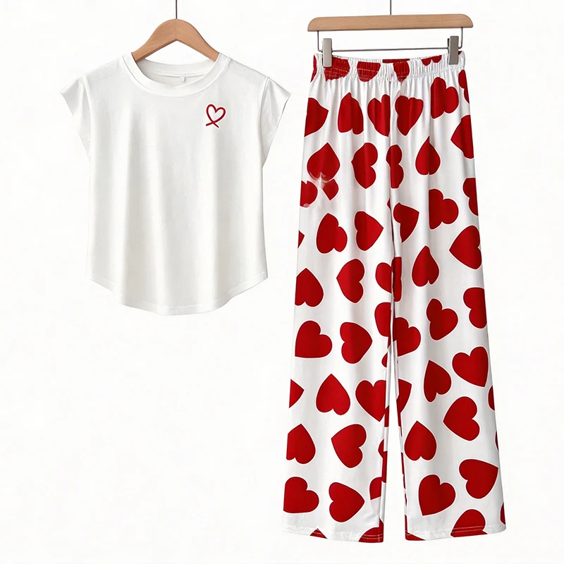 European and American Casual and Comfortable Pajamas Women Outerwear Home Clothes Set Sleepwear Homewear Leisure Love Print