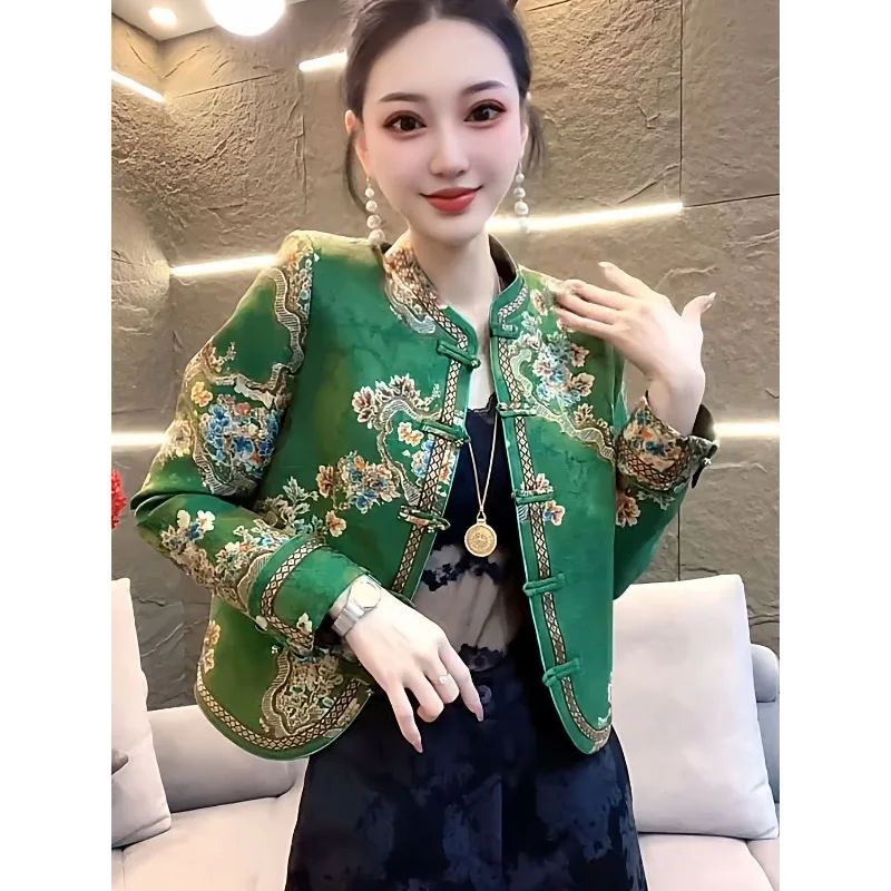 

Новая женская короткая куртка в китайском стиле: весенний фасон, элегантный и изящный образ, высококачественный приталенный топ с китайскими пуговицами и принтами