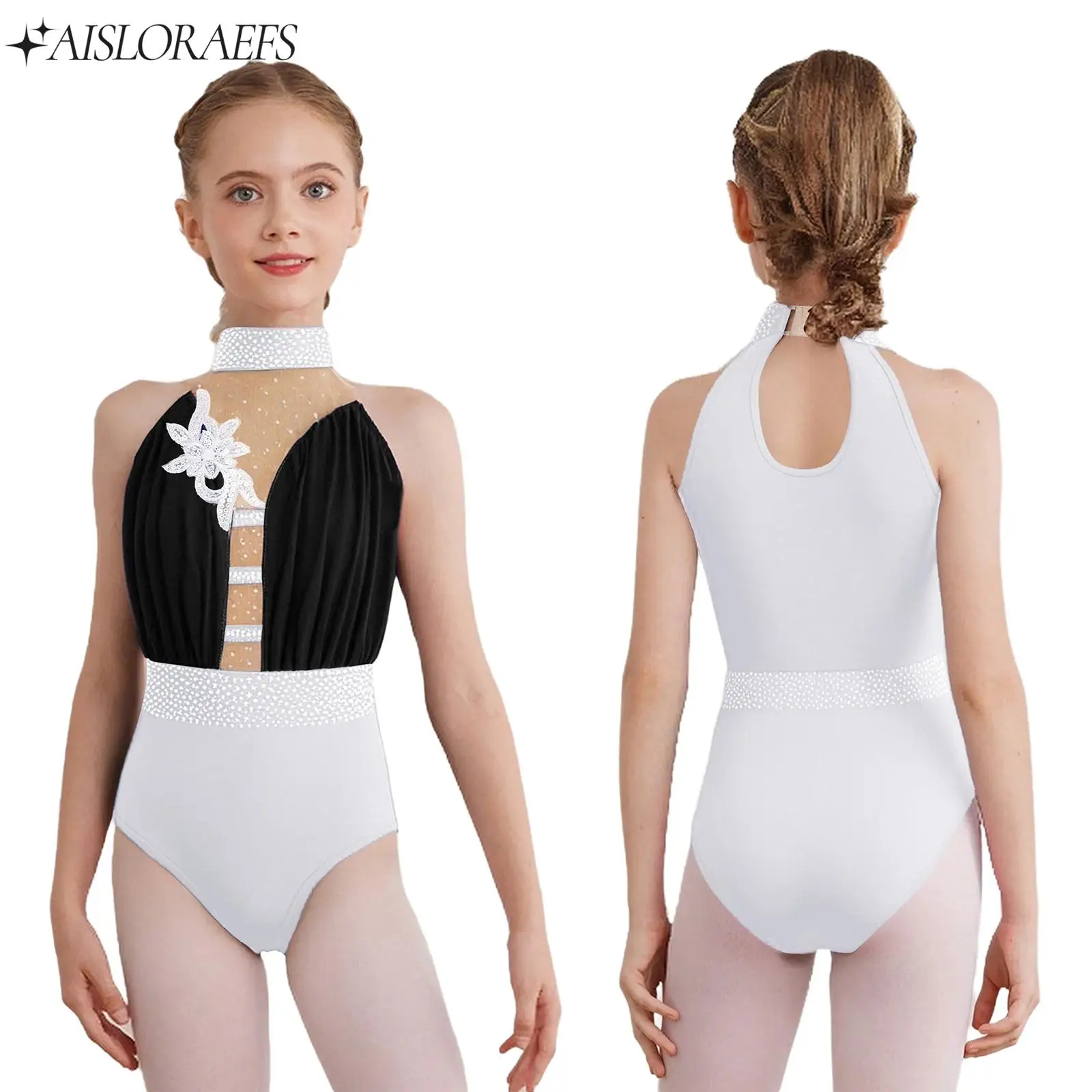 

Kids Girl Gymnastics Figure Skating Ballet Dance Performance Costume Sleeveless Sheer Mesh Applique Rhinestones Leotard Bodysuit