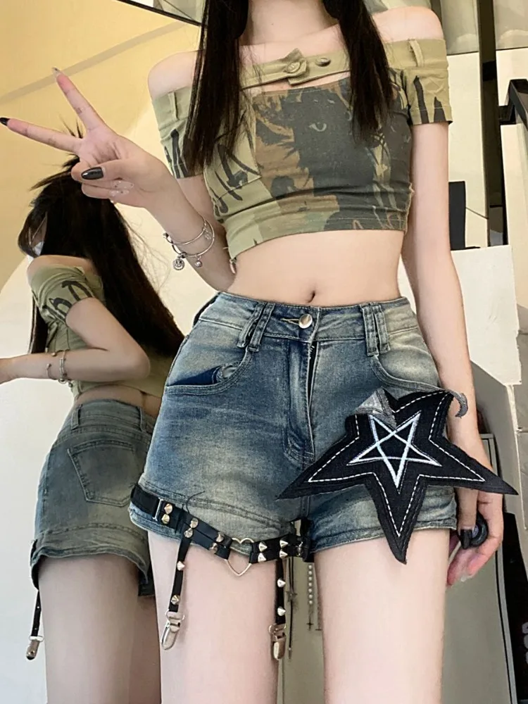 アメリカンレトロスターパッチデニムショーツハイウエストストリートホットジーンズレディース2025夏新作スリムフィットワイドレッグショーツ