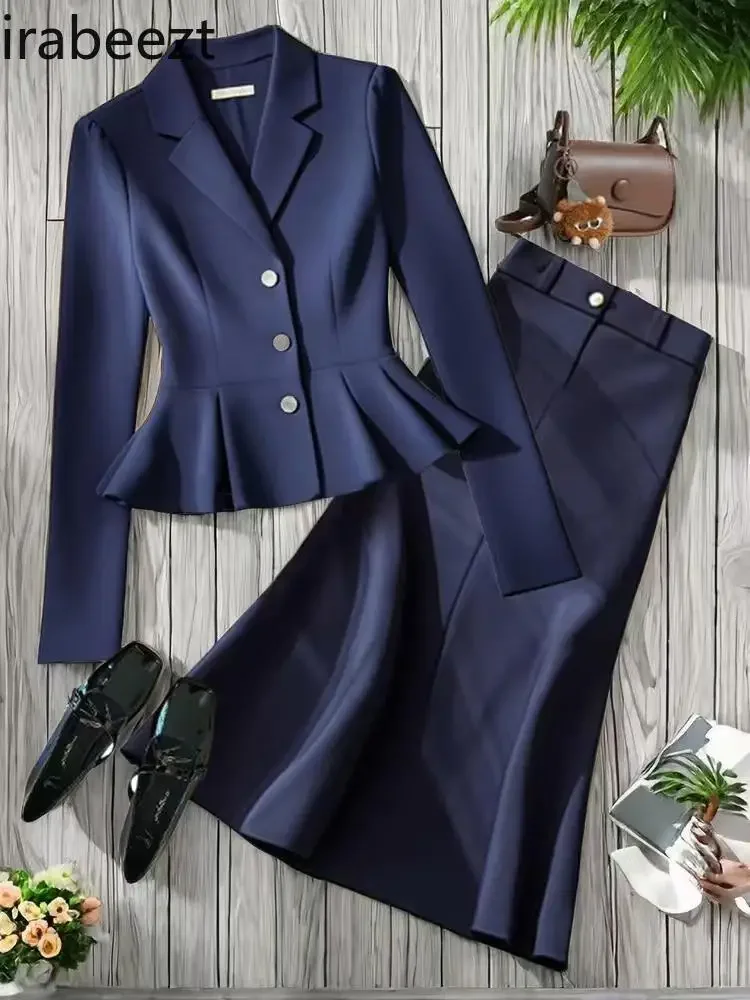 Navy Blue Suit Jacket Women Fashion Half Skirt Two-piece Set Autumn Women 2024 New Fashion Suit Costume Deux Pieces Femme