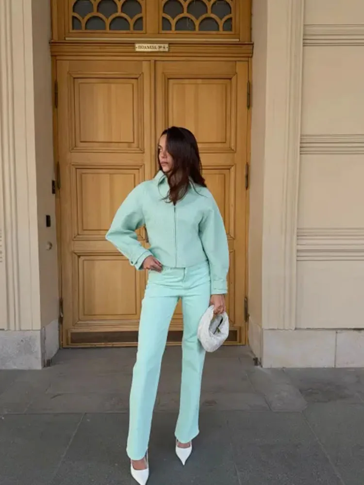 HH Mature Elegant Mint Green Tweed Jacket Women Spring Summer Collared Zip Up Cropped Sophisticated Chic Refined Stylish Jacket