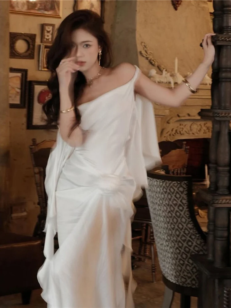 Nibber babados borlas 3d flores maxi vestido feminino slash neck sem costas assimétrico bainha dobras férias elegante chique vestidos