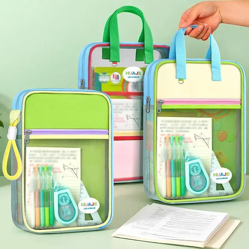 

Student Handheld File Bag Dopamine Color Tote L-Shaped Zipper Mesh Folder Exam Paper Storage and Subject Organizer - New Design