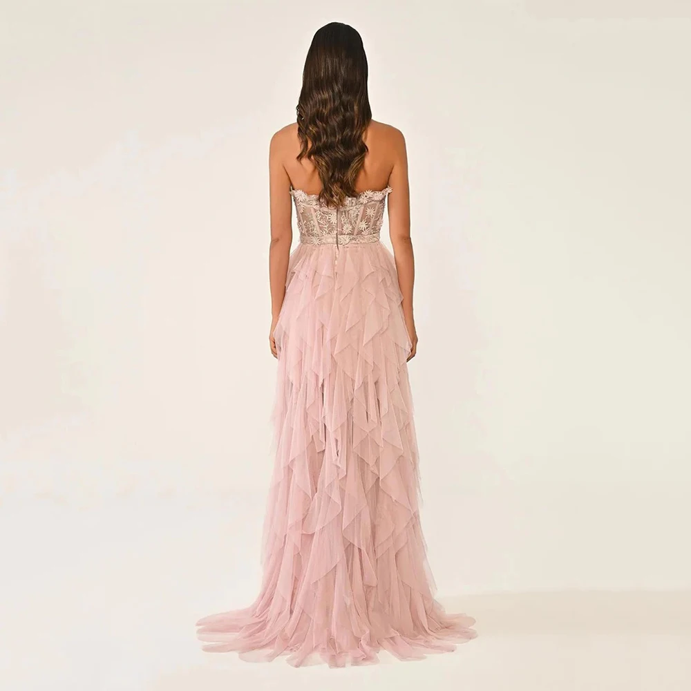 Customized Elegant Tulle Applique Ruffle A-line Strapless Long Dresses Bespoke Occasion Dresses Modern Style Casual High quality