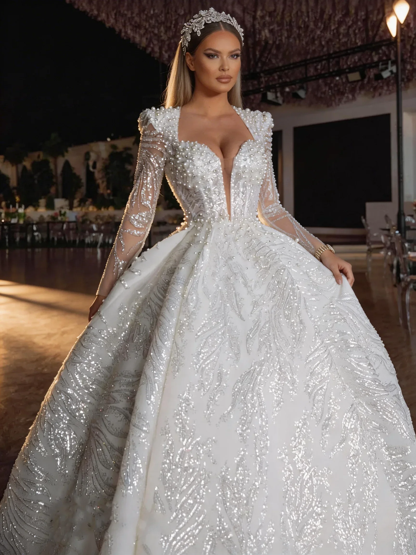 

Elegant Ball Gown Wedding Dress Dubai Style Pearls Sequins Long Sleeves V Neck Bridal Gown Women's Vestidos De Novia Customized