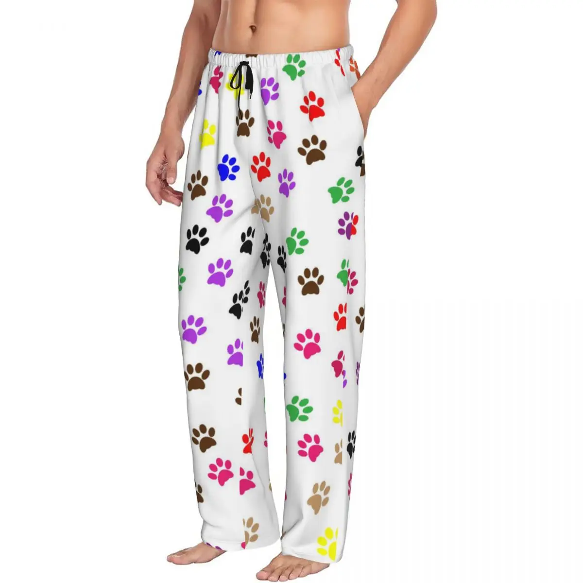 Custom Cat Dog Animal Paw Prints Pajama Pants Men's Lounge Sleep Stretch Sleepwear Bottoms with Pockets