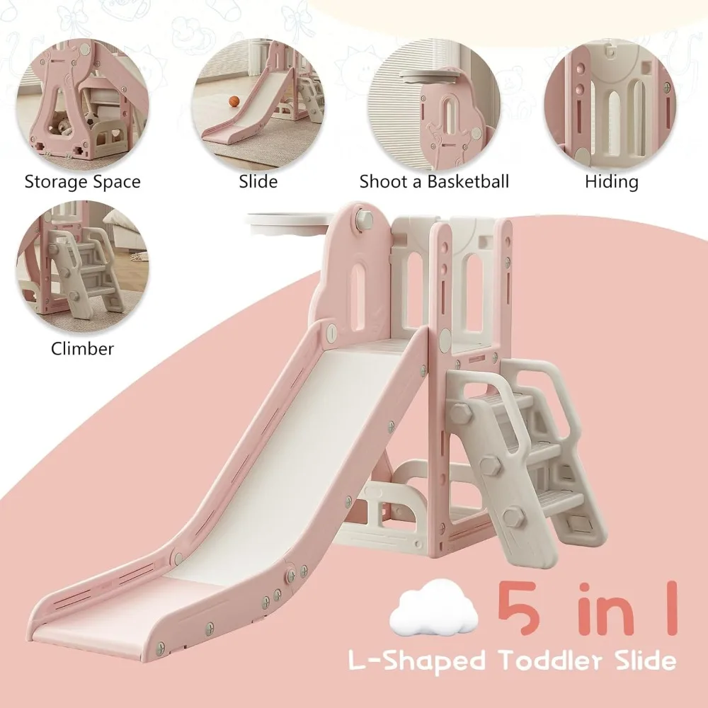 Children's Play Slide with Storage and Anti-Slip Steps, Outdoor and Indoor Climbing and Basketball Playset with Extendable Featu
