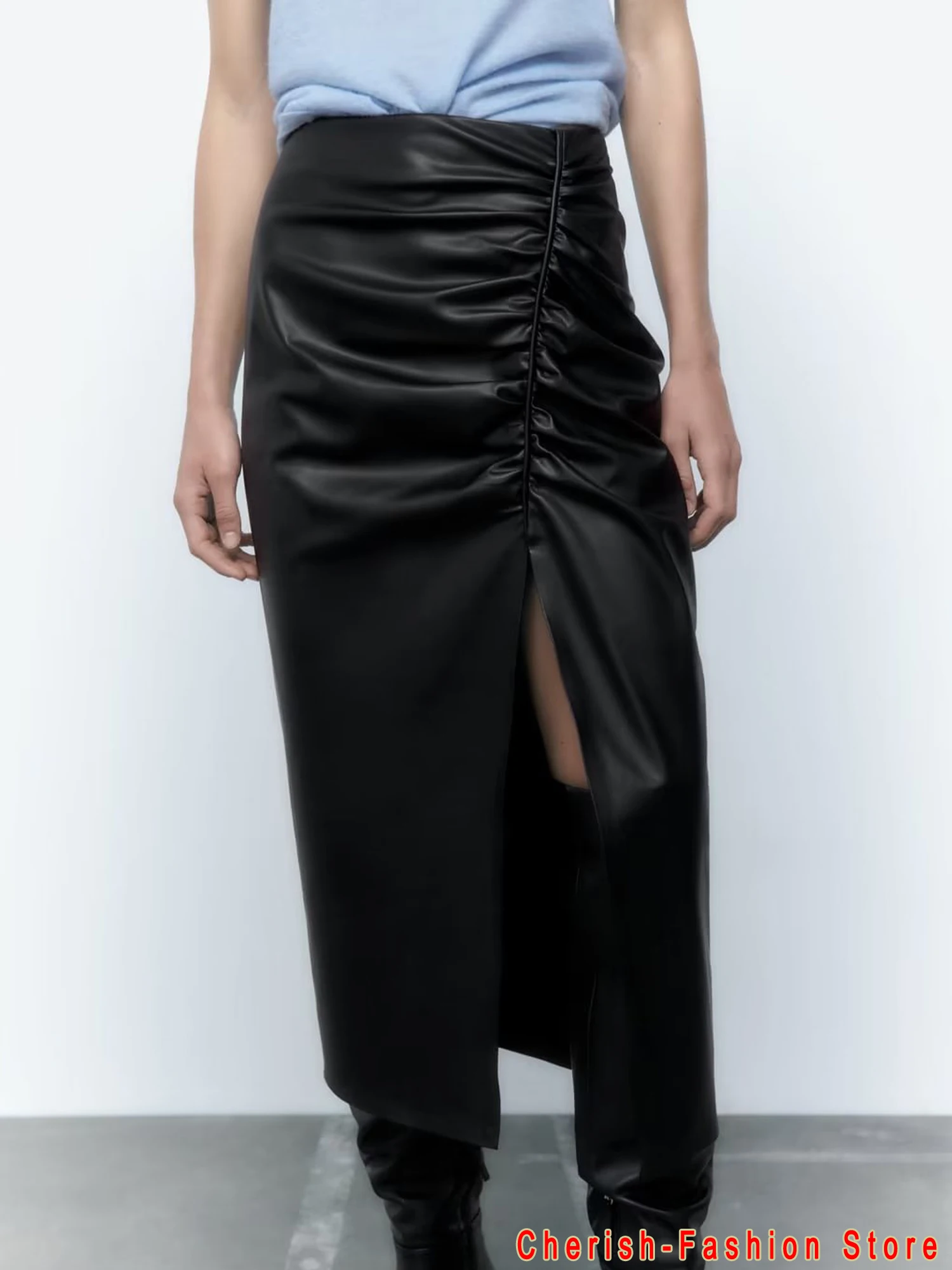 Vintage Women Faux Leather Pleated Solid Skirt 2023 Spring High Waist Tight Side Split Skirts Zipper Slim Female Bottoms Black