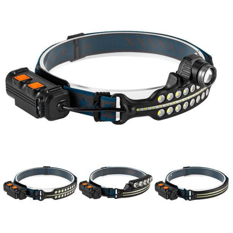 Multifunctional Sensor Headlamp LED and COB Zoomable Multi-Light Source Strong Light Flashlight Outdoor Patrol Fishing Headlamp