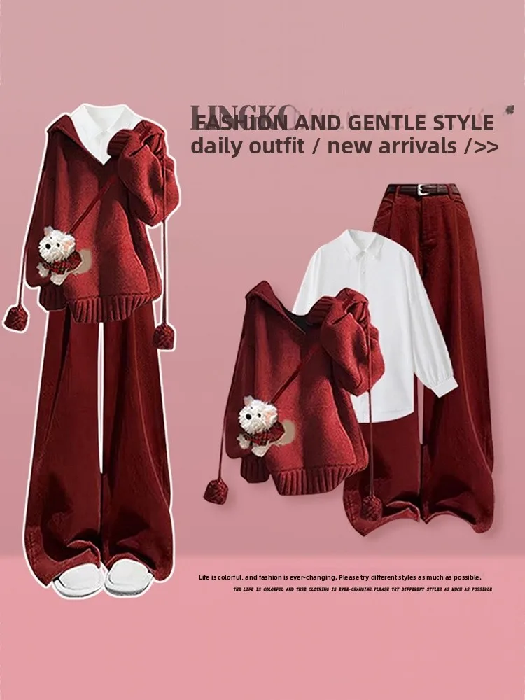 

Fall Atmosphere Knitted Women's Set Dopaamine Hoodie Shirt Loose High Waist Casual Pants Three-piece Set Korean Style Leisure