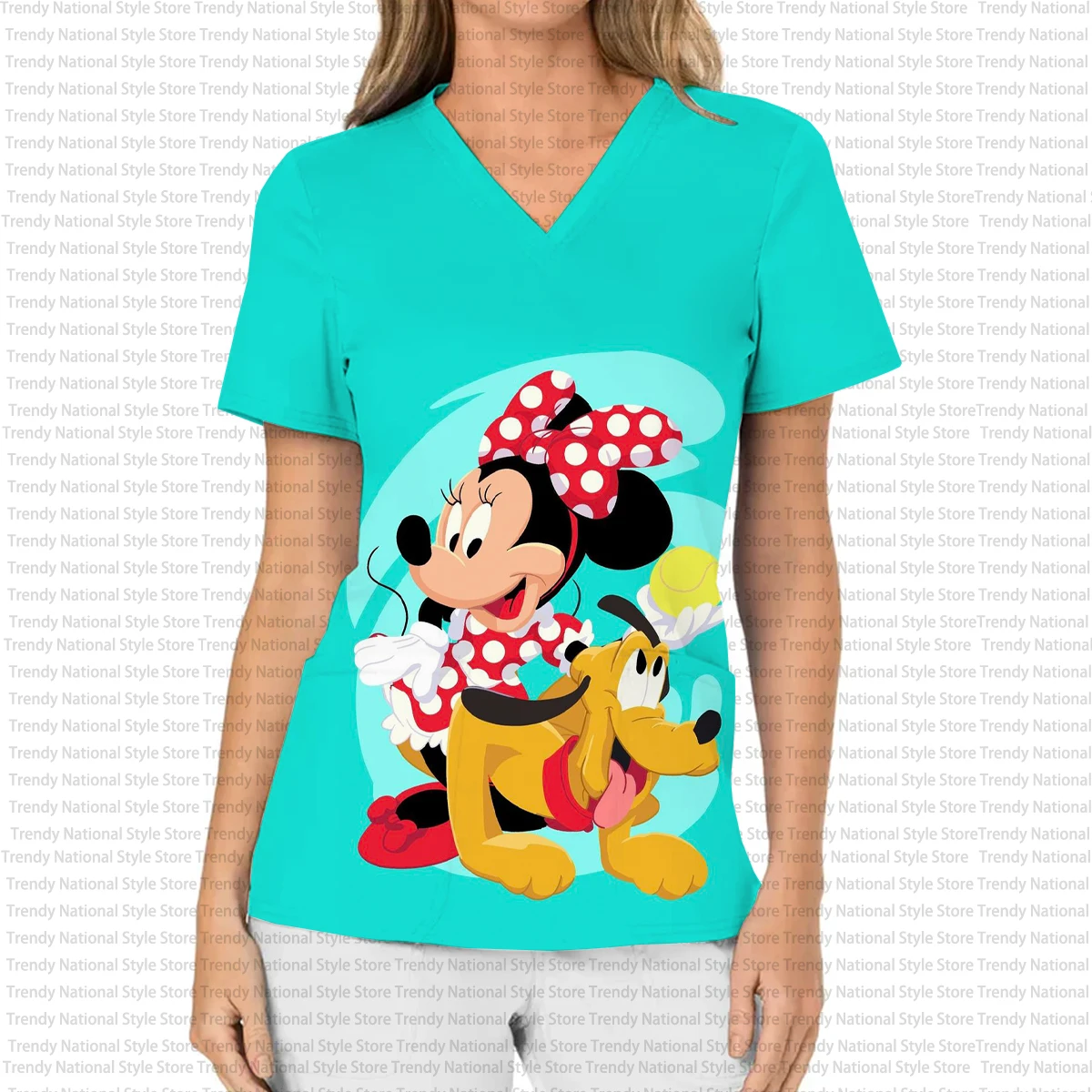Novo verão feminino enfermeira uniforme impresso com decote em v fosco topo com disney mickey e minnie mouse-hospital/animal de estimação loja camiseta