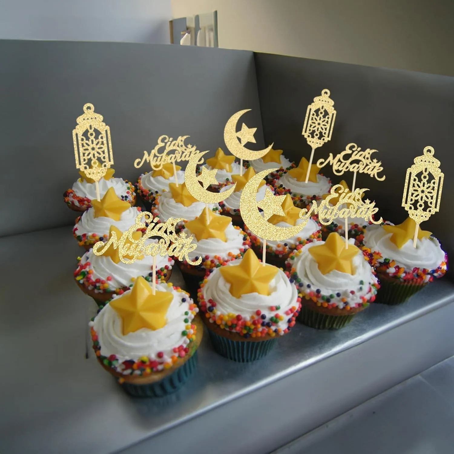 24er-Pack Eid Mubarak Glitzer Stern Ramadan Kuchen Topper Mond Pick Islamische muslimische Party Dekoration Gold