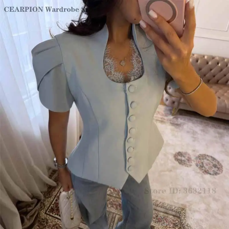 

Элегантная кружевная приталенная женская блузка с U-образным вырезом, на пуговицах, с пышными короткими рукавами, однотонная, повседневная, для офиса, шикарная