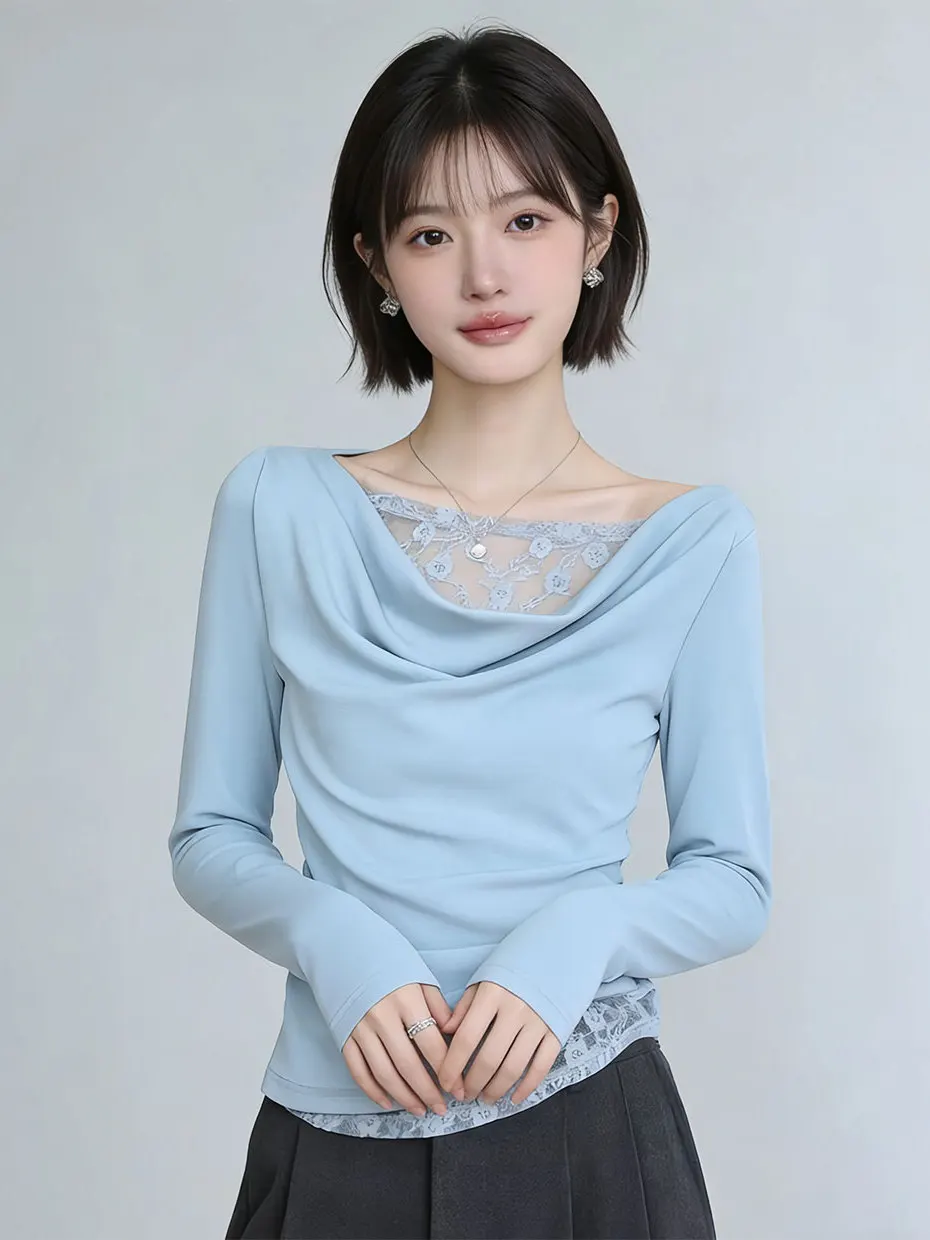 French Style Lace Splice Slim Fit Long Sleeve T-Shirt Women Spring Short Base Shirt Beautiful Atmosphere Fake Two-Piece