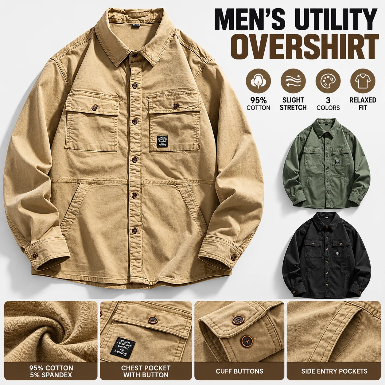 Men's Utility Overshirt Long Sleeve Cotton Blend Workwear Shirt Jacket Casual Relaxed Fit Top