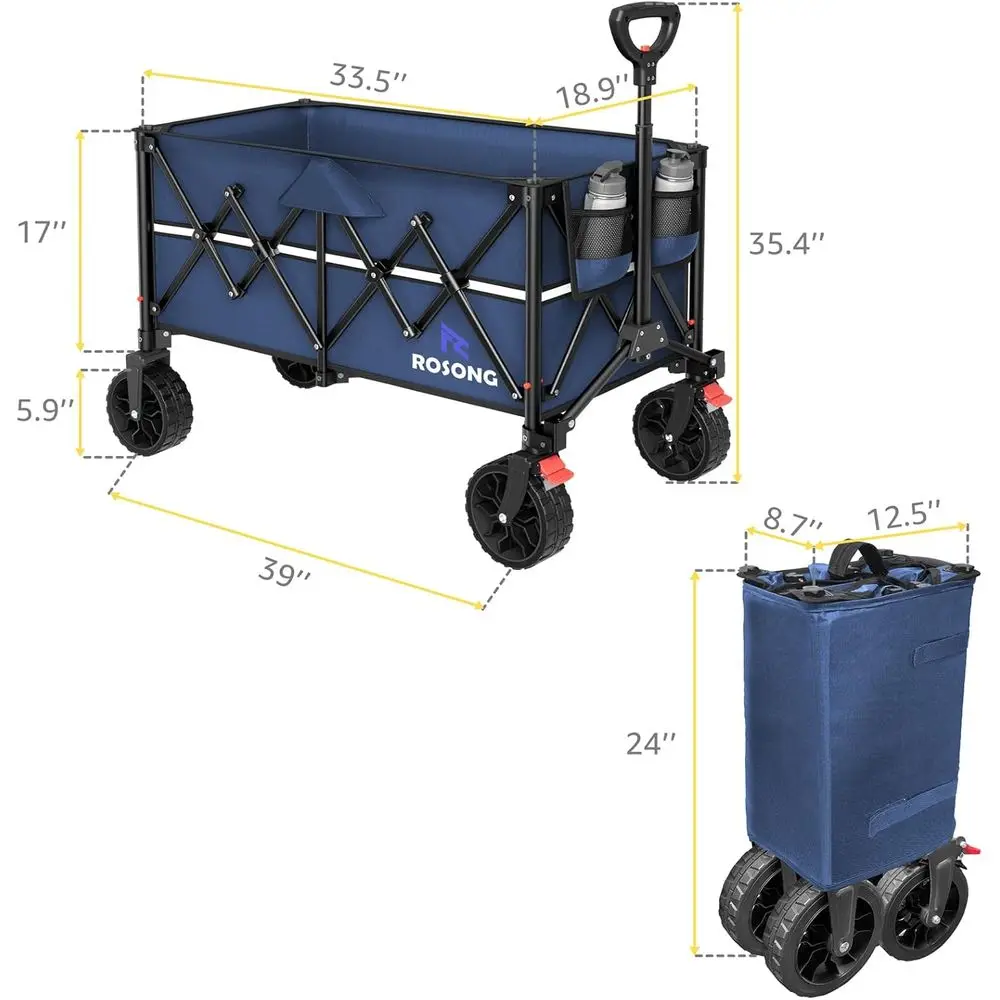 食料品、スポーツ、庭、ショッピング、キャンプ用の車輪付き頑丈な折りたたみ式ワゴン（ネイビーブルー、150L）
