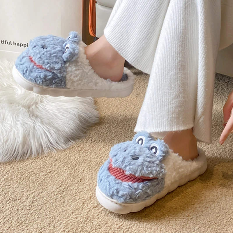 Women Cartoon Crocodile Slippers Soft Winter Plush Wool Silent Non Slip Slippers Cute Home Living Room Shoes Women Slides Women