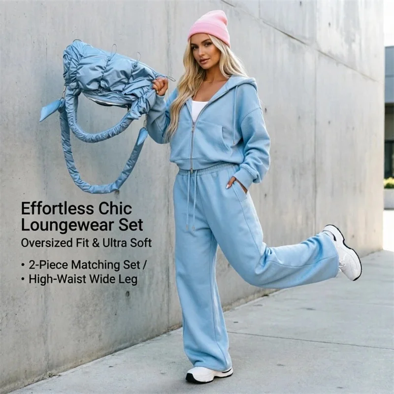 Women Tracksuit Two Piece Set, Zip Hoodie Drawstring Pants Casual, Sportswear Jogger Suit Streetwear Lounge, Outfit Light Blue