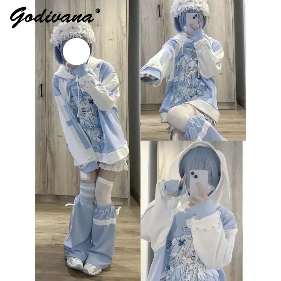 

Water Color Oversized Zipper Coat Rabbit Ear Hooded Mass Production Subculture Japanese Style Female Cool Y2K Hoodie Jackets