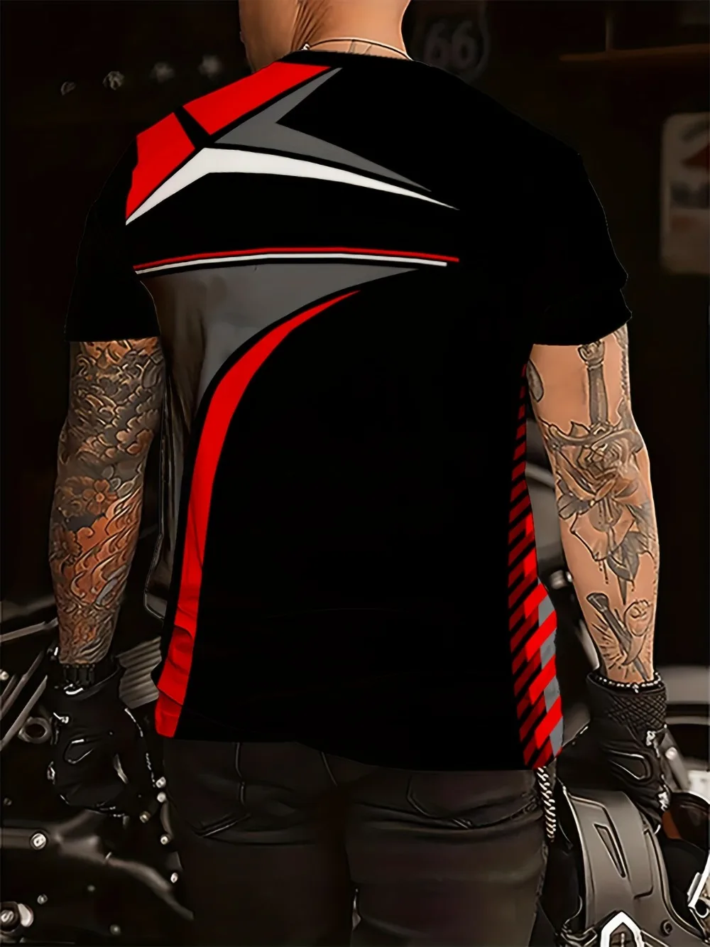 Schwarz-Rotes Kontrastfarben-T-Shirt mit Geometrischen Linien, 3D-gedruckt, für Herren, Locker, Bequem, Lässig, Atmungsaktiv, Schnelltrocknend, Outdoor-Oberteil – Detail 3
