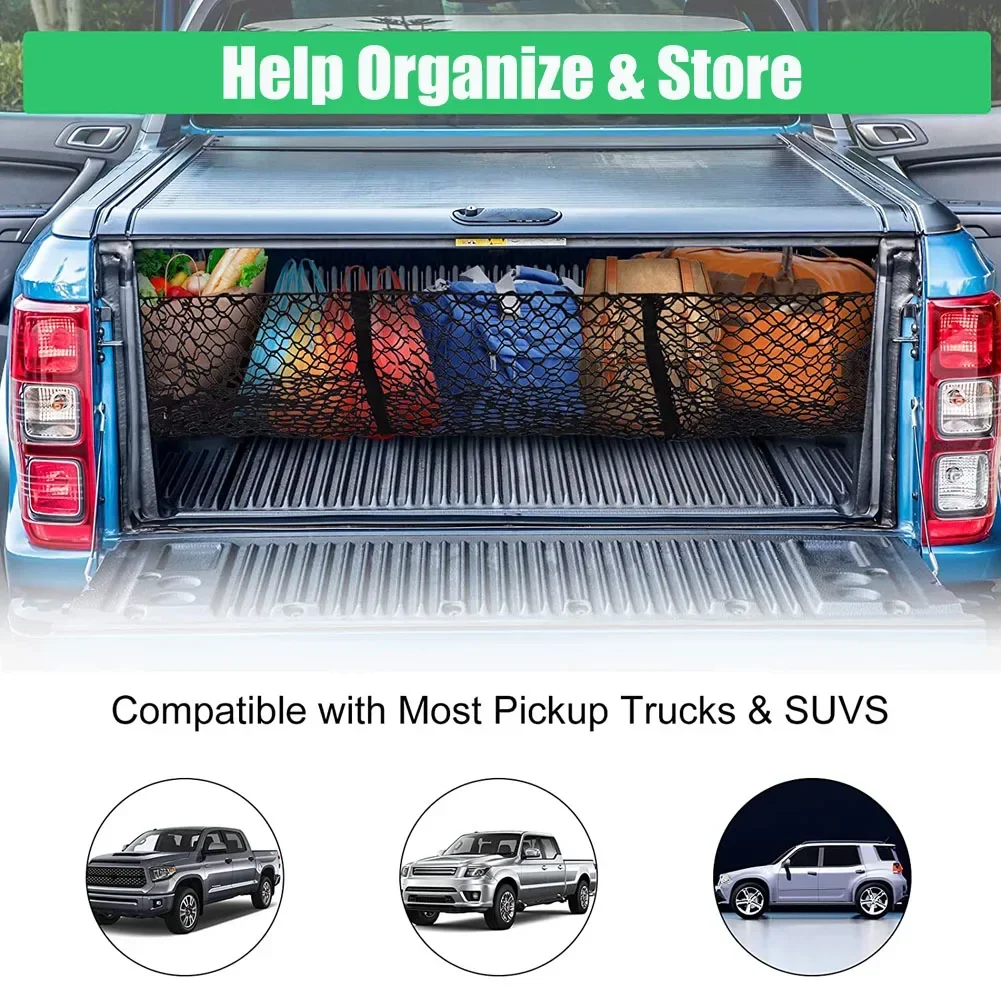 3-Taschen-Cargonet, dehnbares Kofferraum-Organisationsnetz, strapazierfähiger Gepäckhalter mit Montageset für SUV, Pickup-Truck, Van – Detail 1