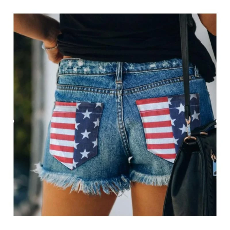 

Women's Street Style High Waist Jeans High Elasticity Cotton PU Material Flag Print Slimming Hole One Row of Buttons
