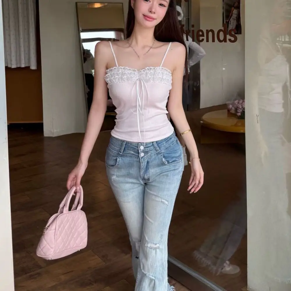 Modisches Schleifen-Slim-Spitzen-Crop-Top Süßes Unterhemd Mädchen-Weste Sommer-Camisole im Spice-Girls-Stil mit Polstern für Damen – Detail 3