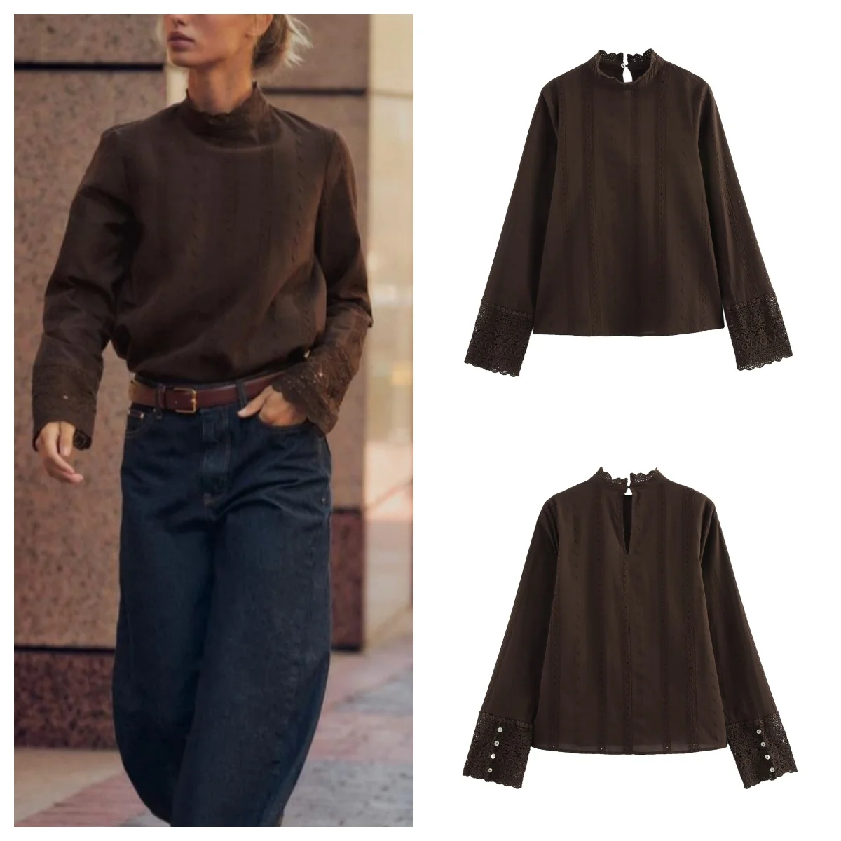 

European and American style spring new fashion versatile hollow embroidery long-sleeved shirt