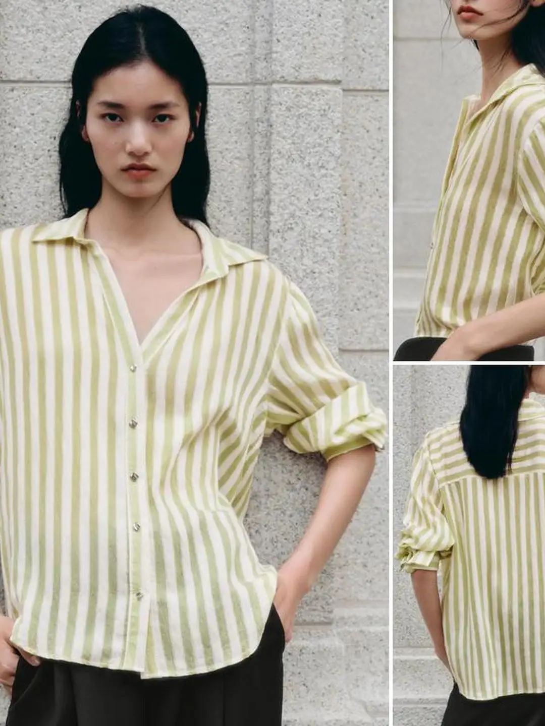 عادية مخطط طويل Sve irt V-Ne بدوره إلى أسفل طوق مستودع العمل ip الخريف Faion بسيط Ele المرأة الأعلى #2