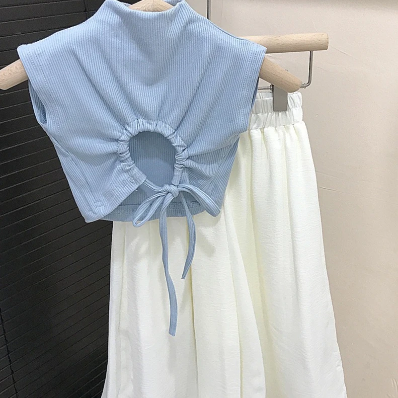 Girls Suit 2025 Summer New Children's Clothing Korean Style Girl Baby Backless T-shirt White Wide Leg Pants Casual Simple Daily