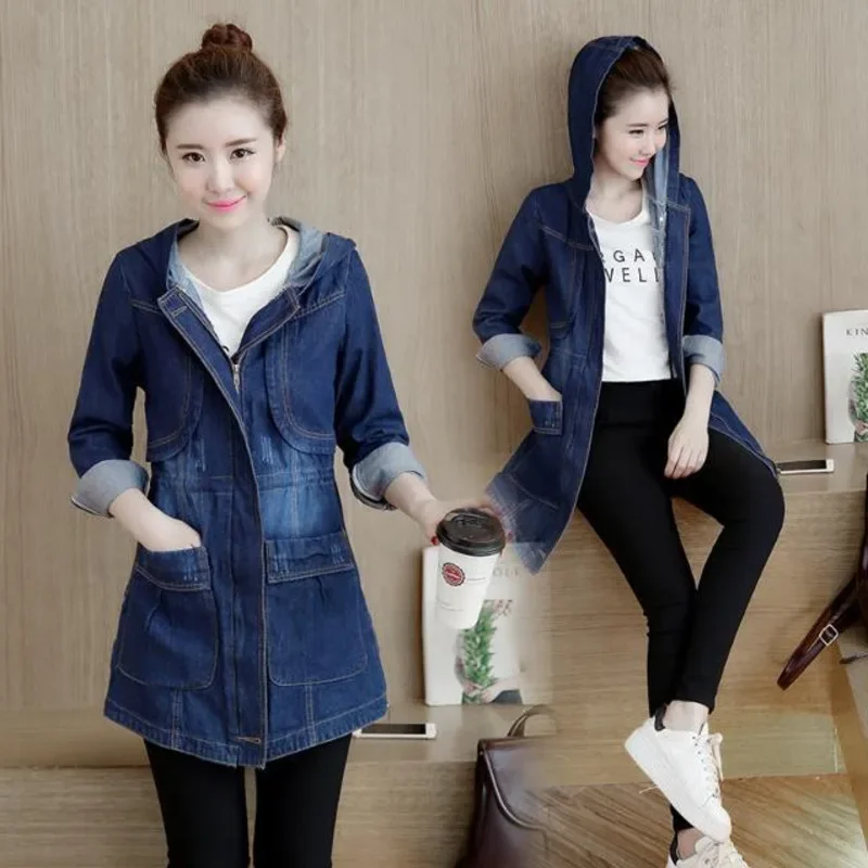 

2023 Spring Autumn New Hooded Denim Jacket Women Loose Vintage Windbreaker Mid-Length Jeans Coat Big Pocket Outerwear Female