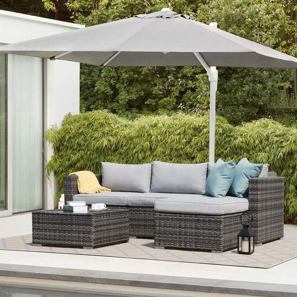 Outdoor Wicker Loveseat 2 Pieces, All Weather Grey PE Rattan Sectional Corner Sofa Set, Additional Extra Chairs