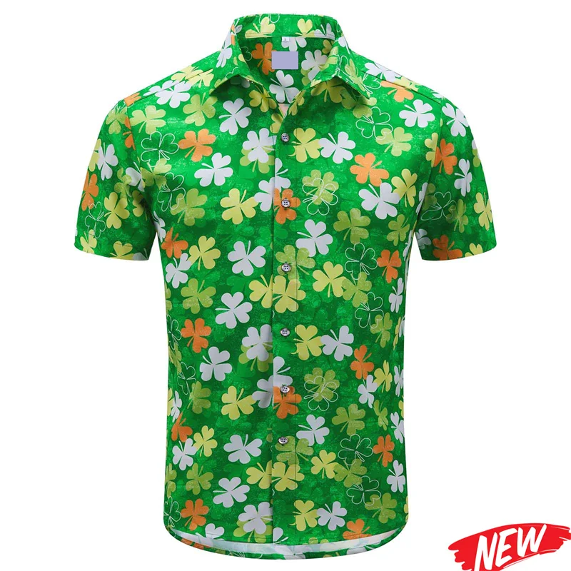 

New Design 2026 St. Patrick's Day Shirt Irish Clover Graphic Lapel Shirts For Men Festive Short Sleeve Tops Hawaiian Shirt