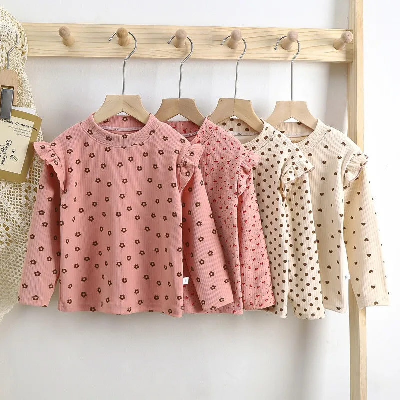 Kids Long Sleeved Undershirt Autumn Girls Cute Floral Dots T-shirt 2-10T Children Boys Sweet Tops Bottoming Shirt