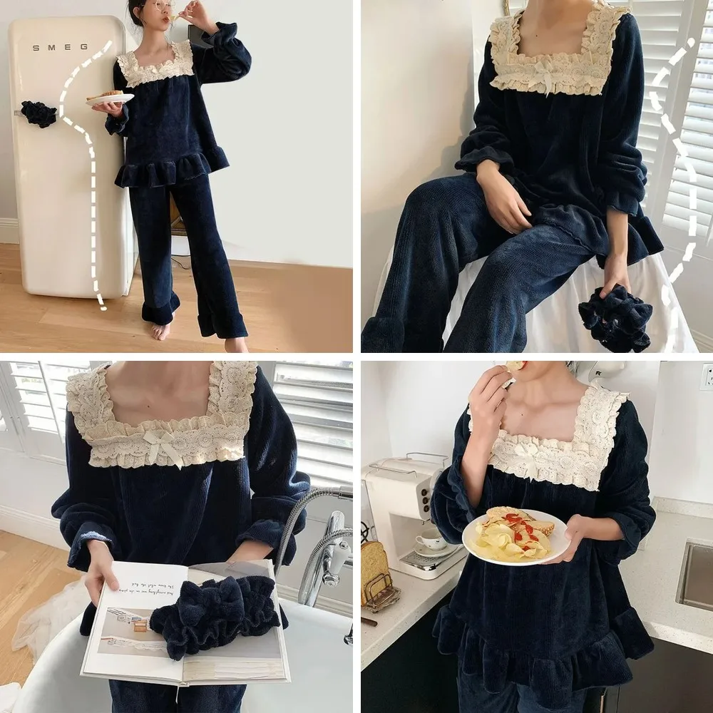 

Vintage Elegant Blue Lace Women's Fleece Pajamas Set, Winter Warm Long Sleeve Sleepwear & Homewear