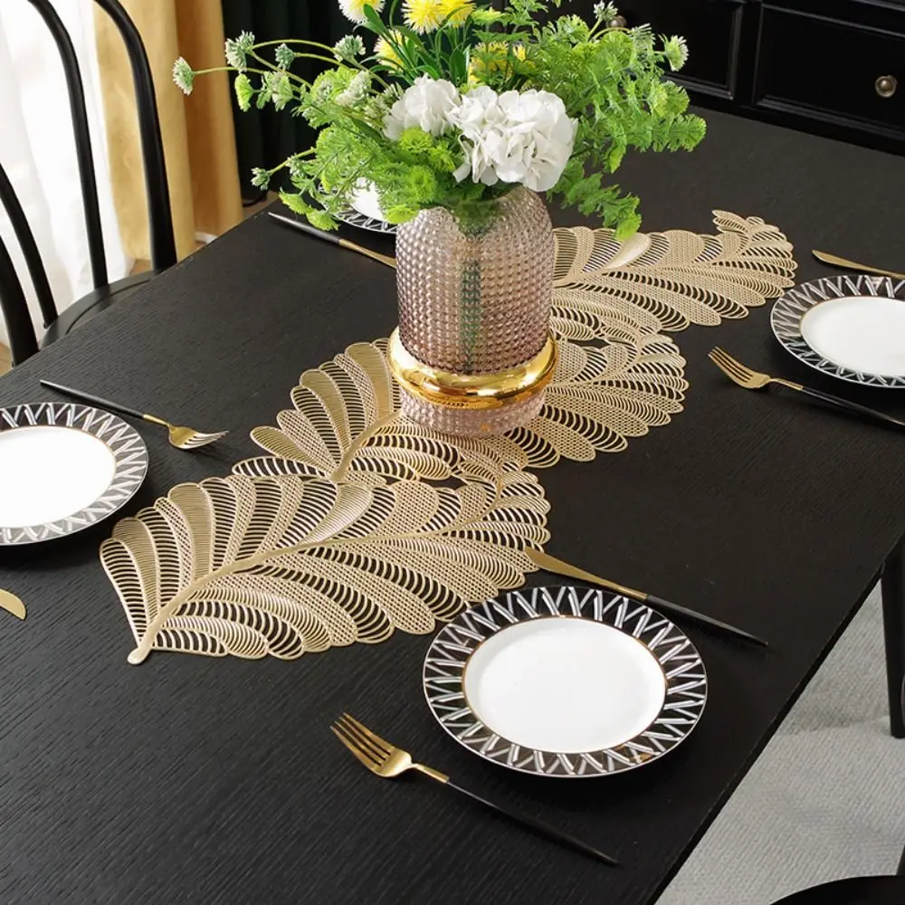 Bronzing Hollow Table Runner Long Anti-stain PVC Tablecloth Leaf Shaped Rectangular Table Cover Table Decoration