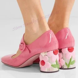 Różowe ozdobna z kwiatem masywne obcasy czółenka wsuwają się na spiczaste buty z palcami dla damskie ze skóry lakierowanej eleganckie buty 2024 Zapatos Para Mujere