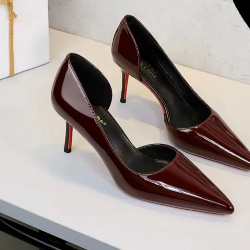 

Brand Red-soled High Heels Women's Thin Heel Professional Commuter Painted Leather Sexy Burgundy Side Empty Wedding Shoes