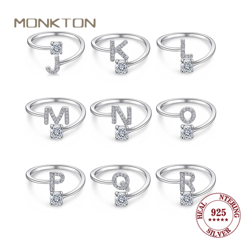 Monkton 100% 925 Sterling Silver Zircon Initial Letter Rings for Women Gold Ring A-Z Letters Finger Ring Couple Wedding Jewelry