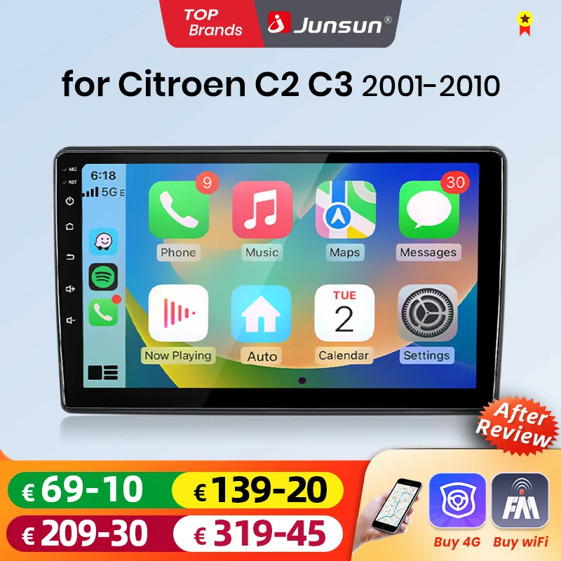Junsun Android Auto Autoradio für Citroen C2 C3 2001 2002 2003 2004 2005 2006 2007-2010 Multimedia Wireless Apple CarPlay Intelligente Systeme IPS Touchscreen Stereo Videoplayer 2 Din Autoradio Head